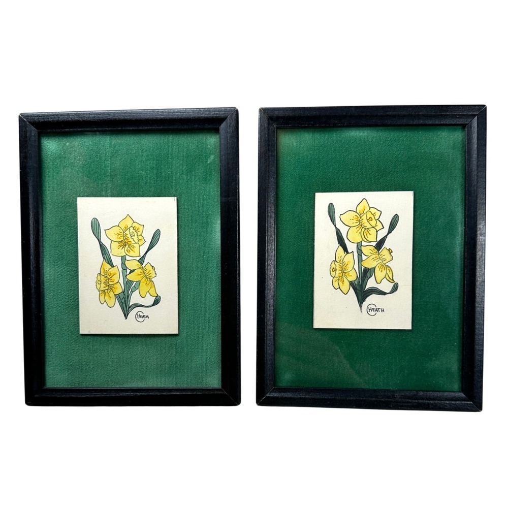 Vintage Daffodil Botanical Art Set of 2 Framed Green Velvet‎ Matting 5x7 Gallery